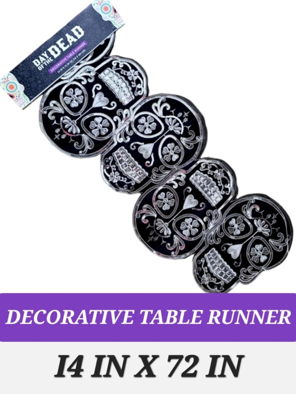 Day of the Dead Black & Silver Sequins Table Runner Dia de los Muertos